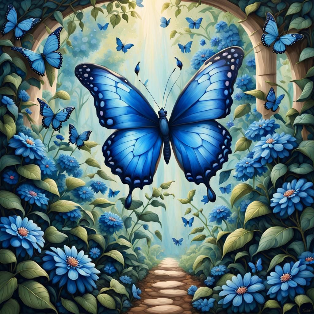 Blue Butterfly in Whimsical Magical Garden