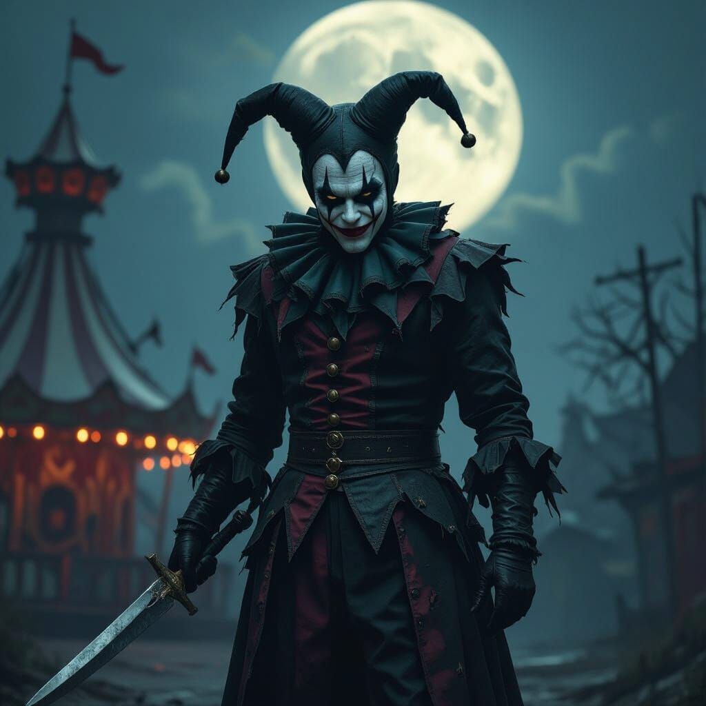 Dark Jester Figure with Blade in Moonlit Carnival