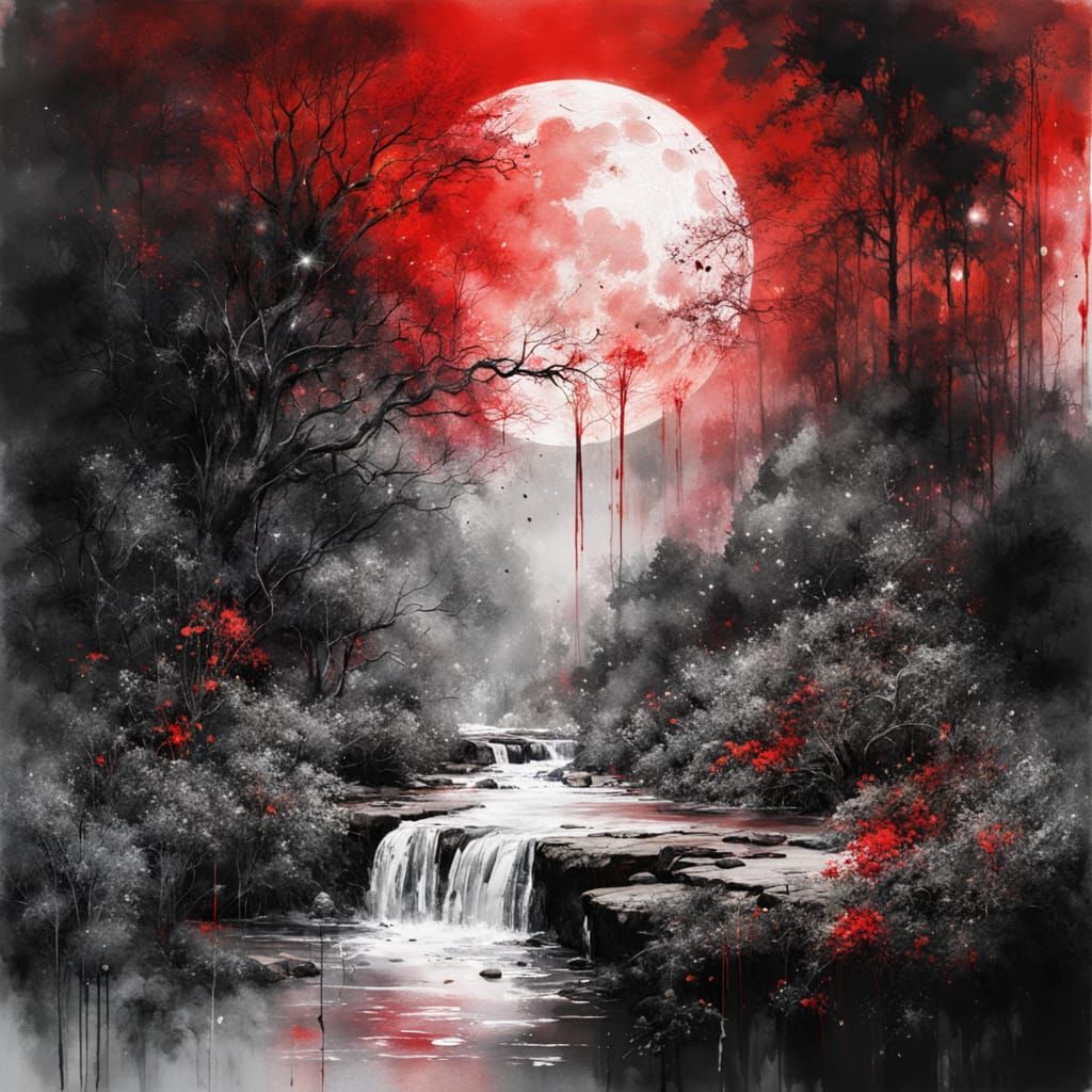 Ink Splatter Moon Over Lush Summer Landscape