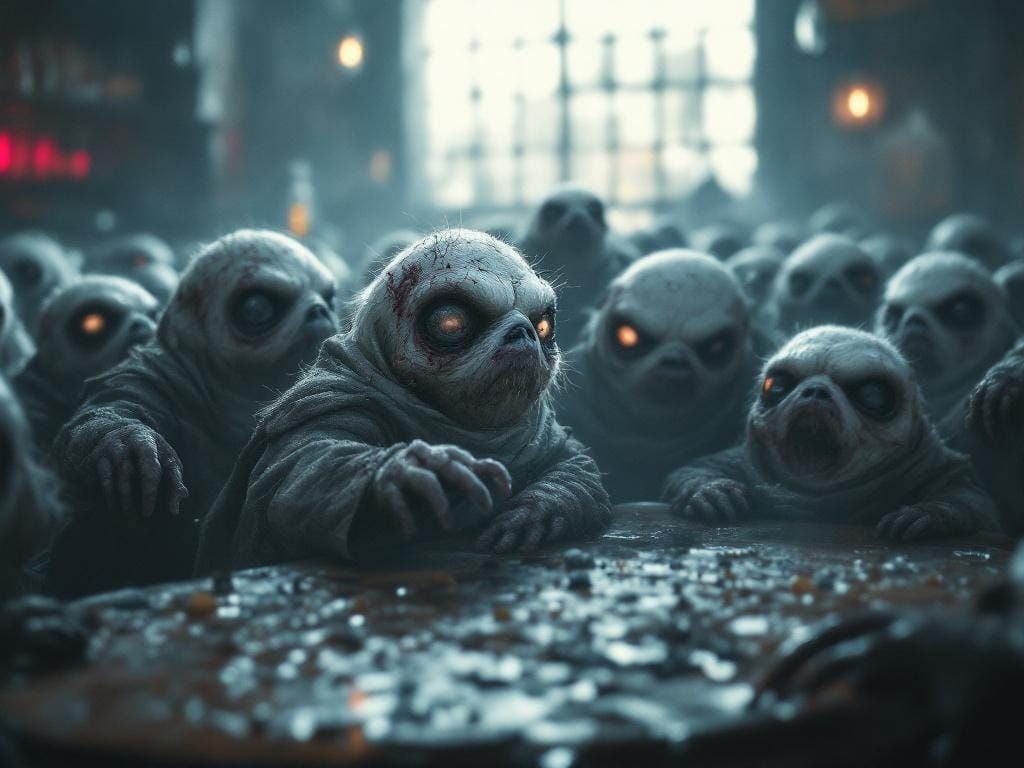 Hyperrealistic Zombie Porgs in Cantina Scene