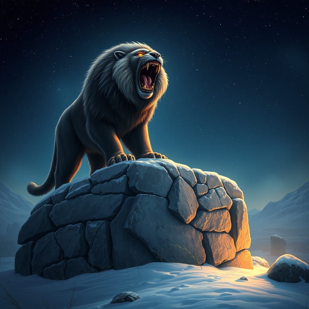 Majestic Smilodon Roars Under Starry Night Sky