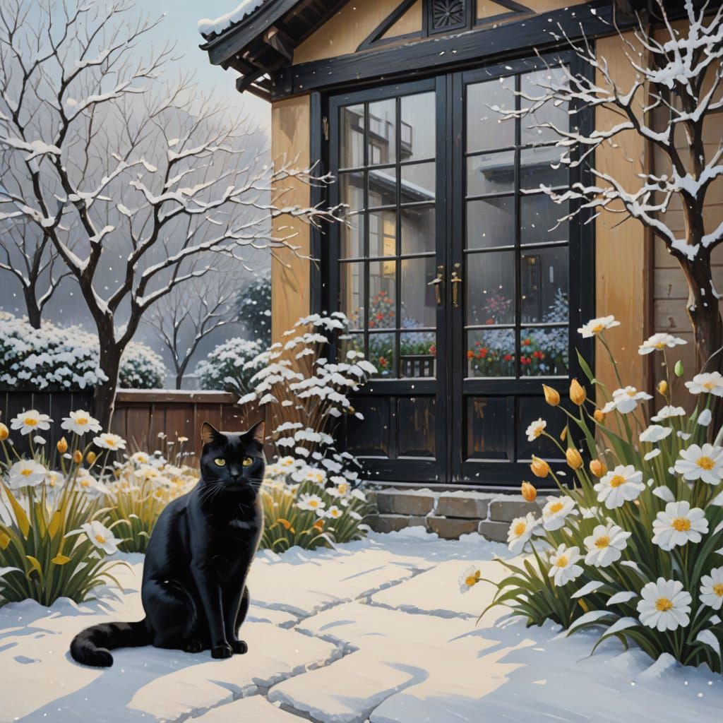 Whimsical Winter Scene with Black Cat in Snowy Garden