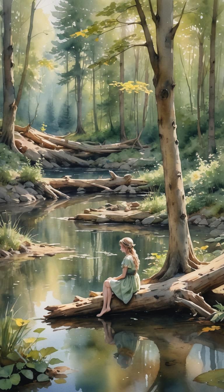 Elf Girl in Forest: Watercolor Landscape