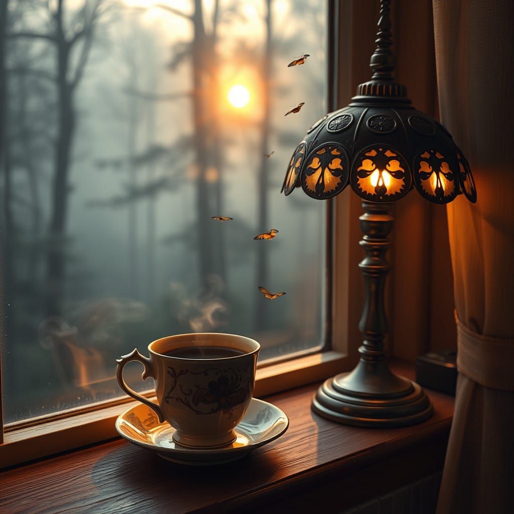 Cozy Late Evening Scene with Steaming Coffee and Dancing Mot...