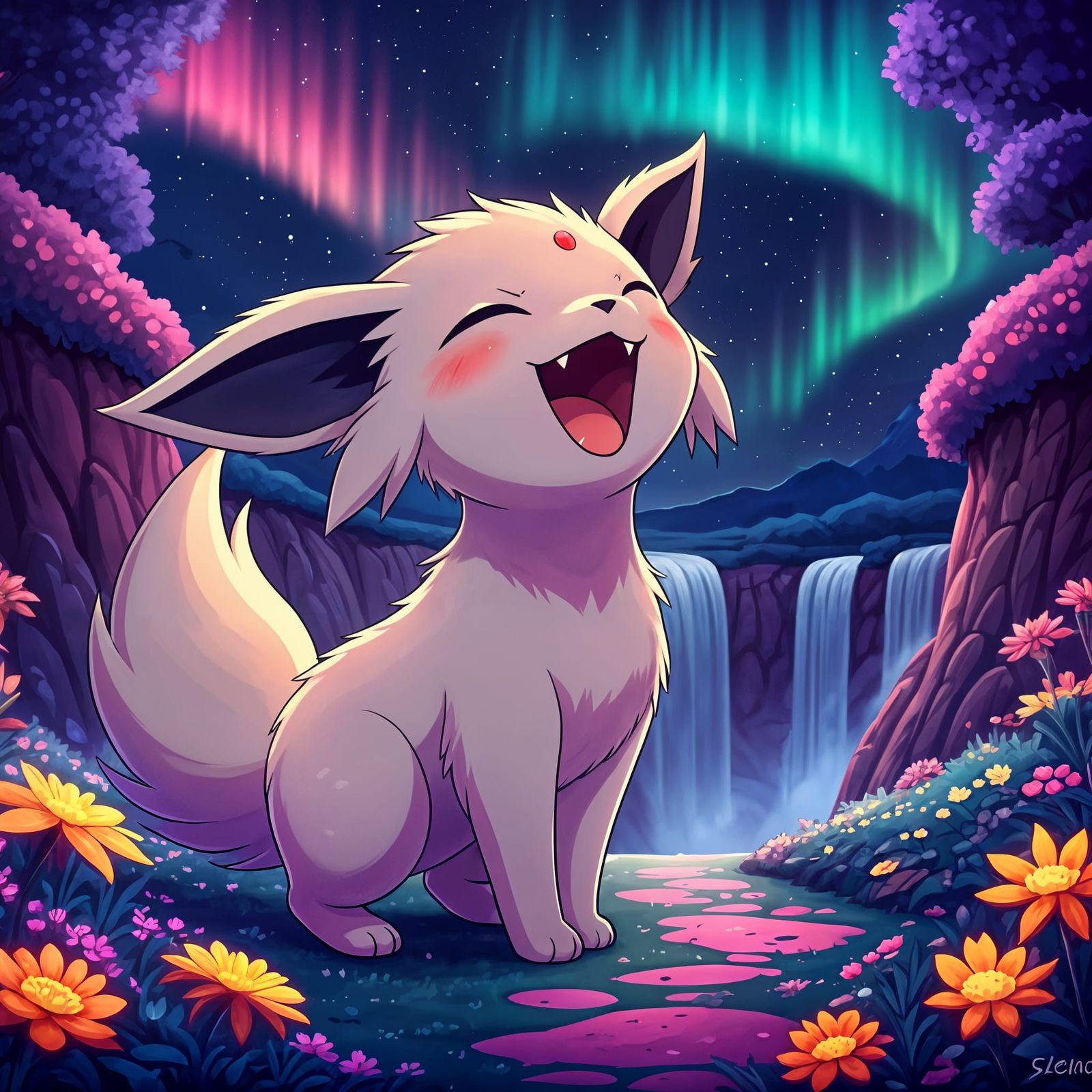 Adorable Chibi Espeon Howling in a Magical Purple Valley
