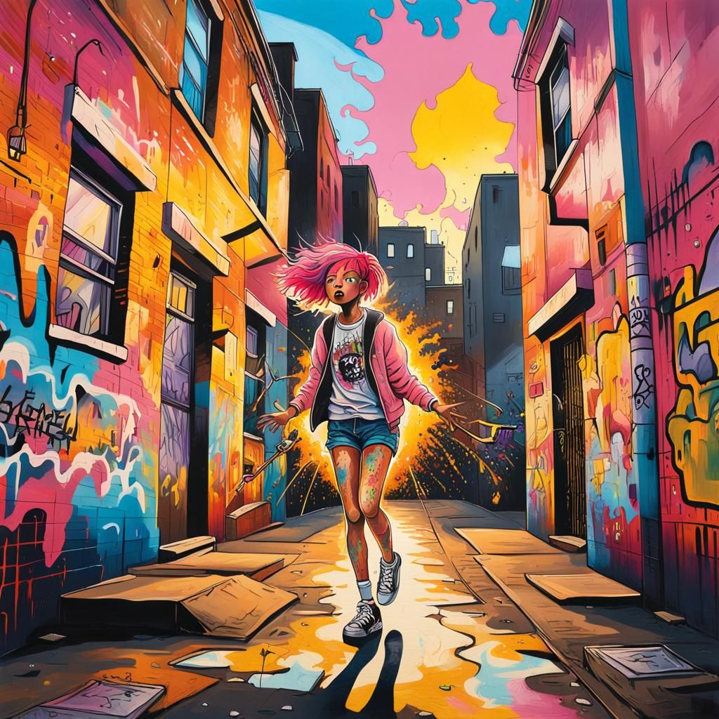 Pink-Haired Girl in Vibrant Graffiti Alleyway