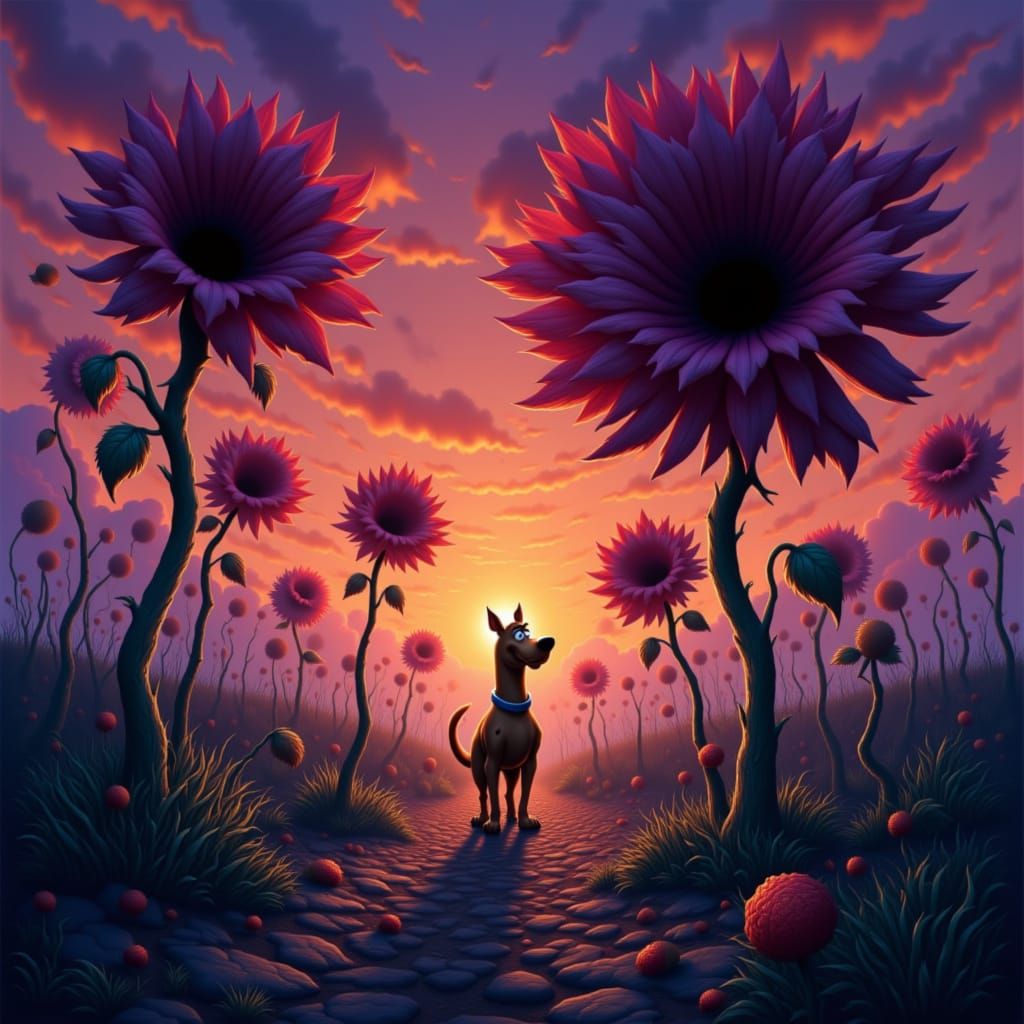 Scooby-Doo Terrified in Giant Creepy Flower Field Sunset
