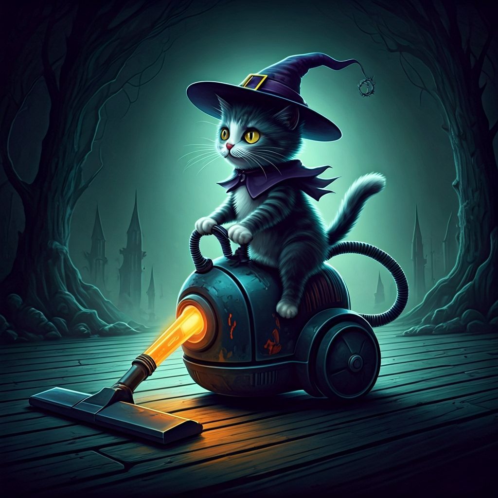 Gothic Kitty Rides Spooky Halloween Vacuum Cleaner