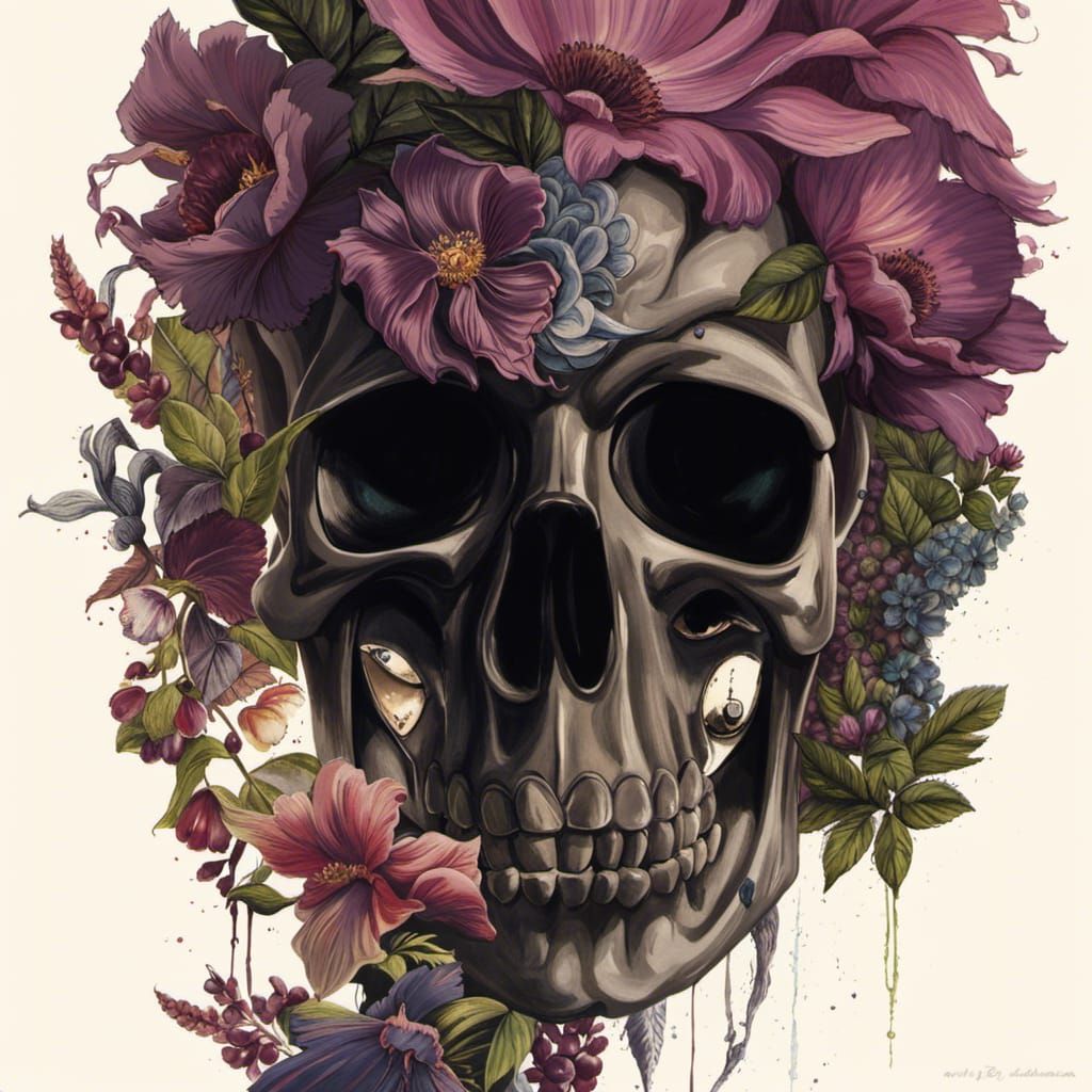 Watercolor Flower Skull in Fantasy Cartoon Art Style