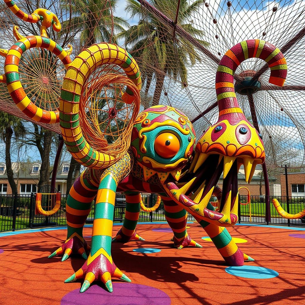 Intricate Alien Playground with Fractal Rainbow Designs