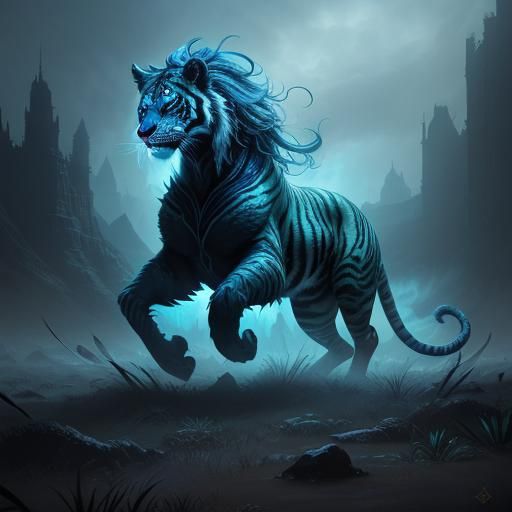 Mystical Tiger-Snake-Horse Hybrid in Beksiński Style