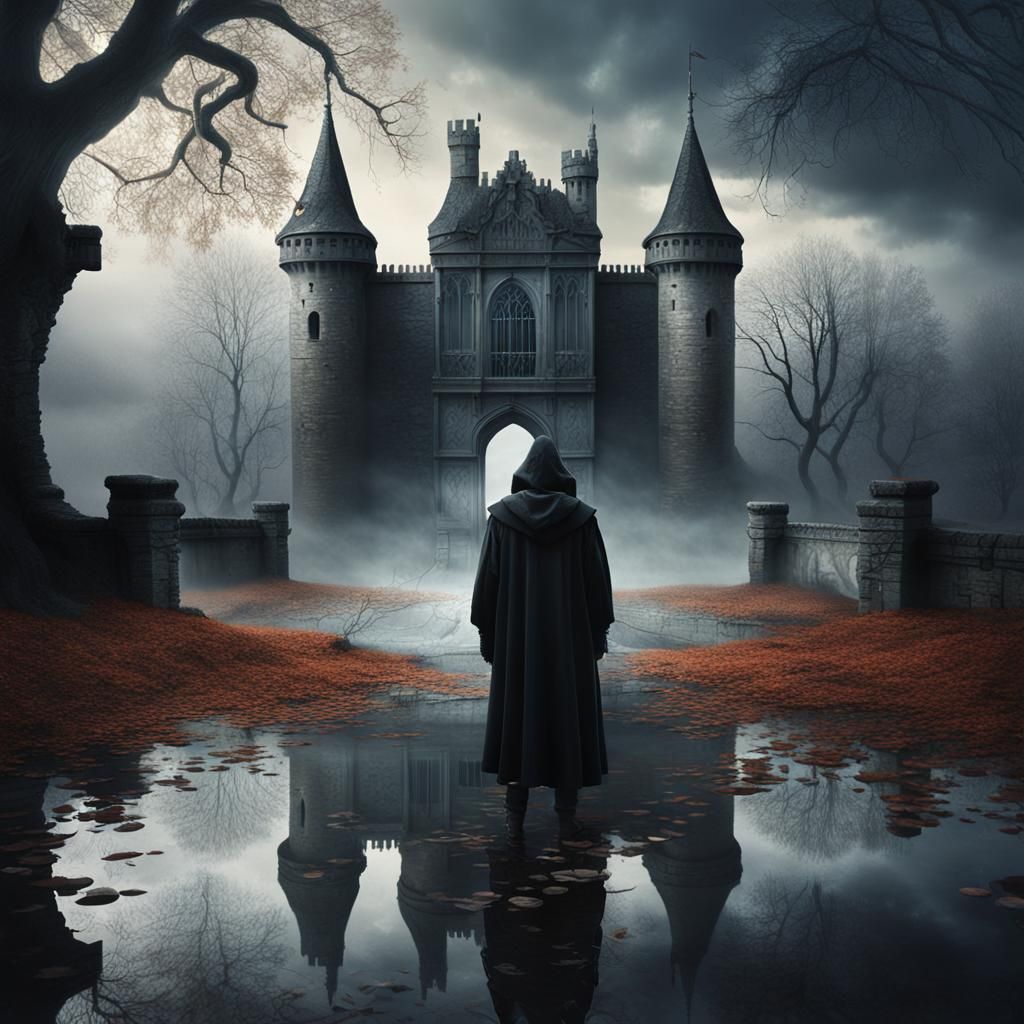 Misty Autumn Castle: Gloomy Fantasy Art