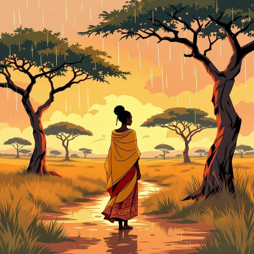 African Woman in Rainy Savannah Illustration