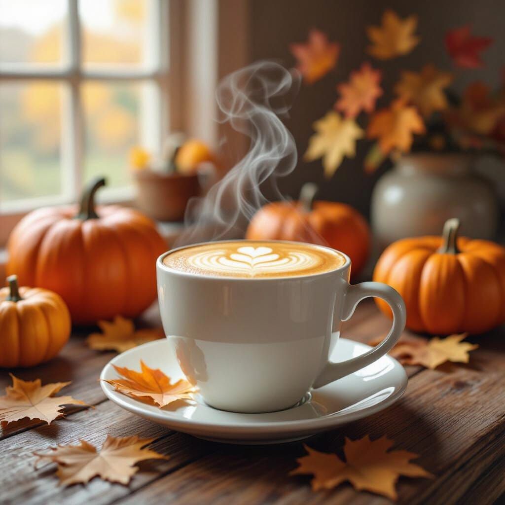 Cozy Autumn Coffee Still Life with Pumpkins and Leaves