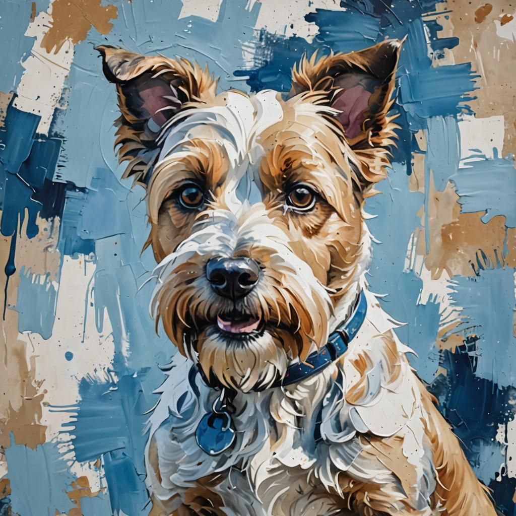 Painting of a tan and white terrier
