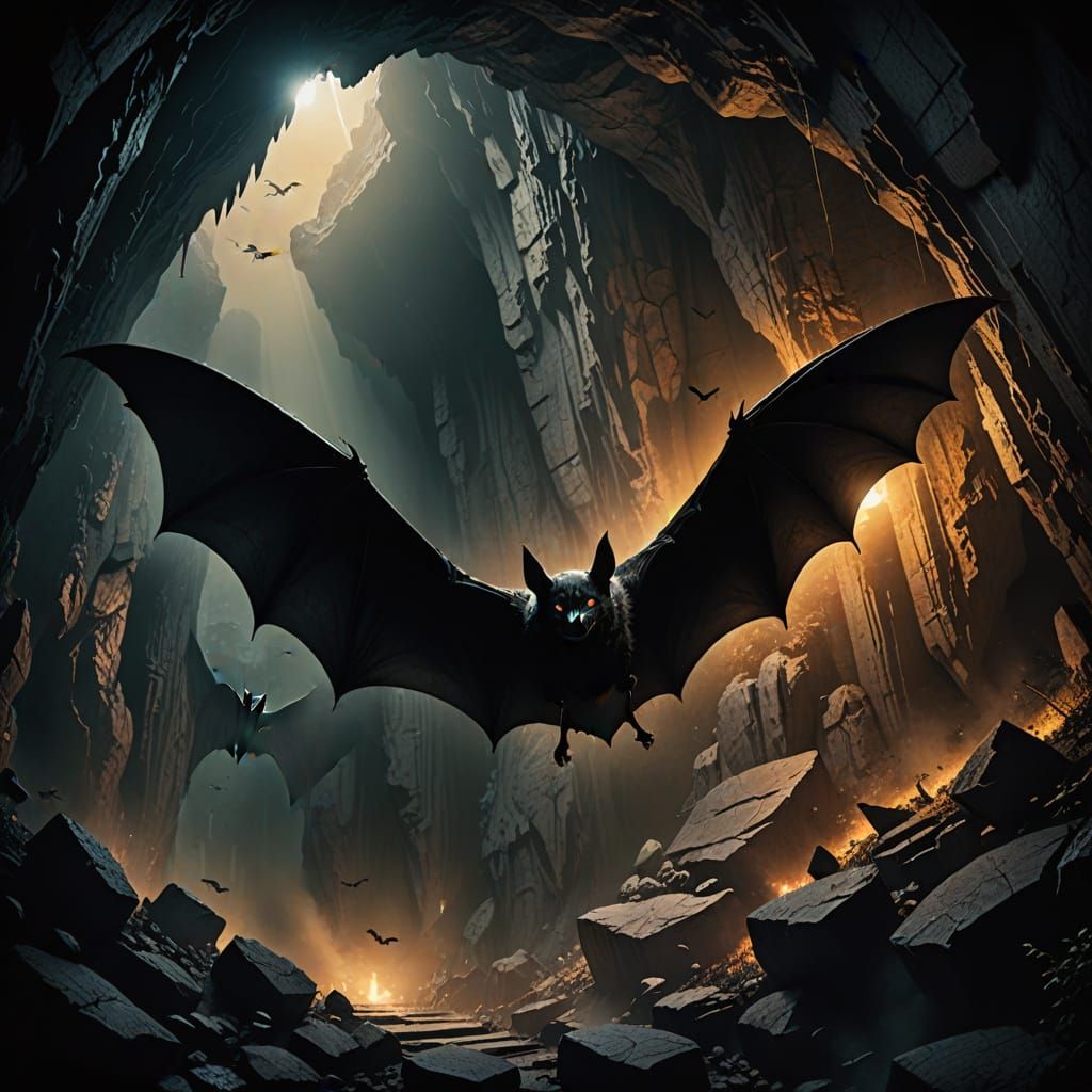 Dramatic Gothic Bat Flight in Misty Cave