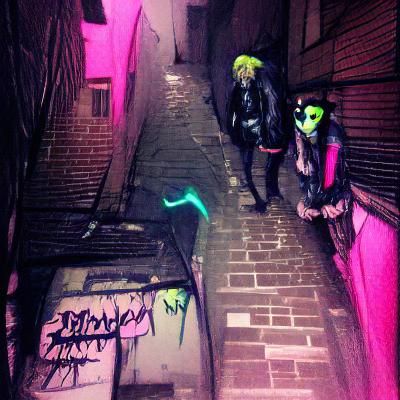 Neonpunk Strangers in Dark Alley at Night