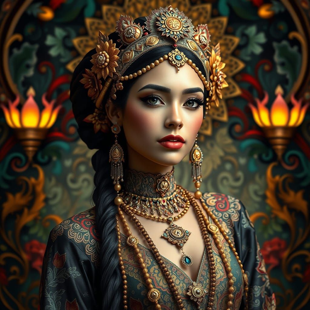 Luxury Portrait in Art Nouveau Style with Triadic Colors and...
