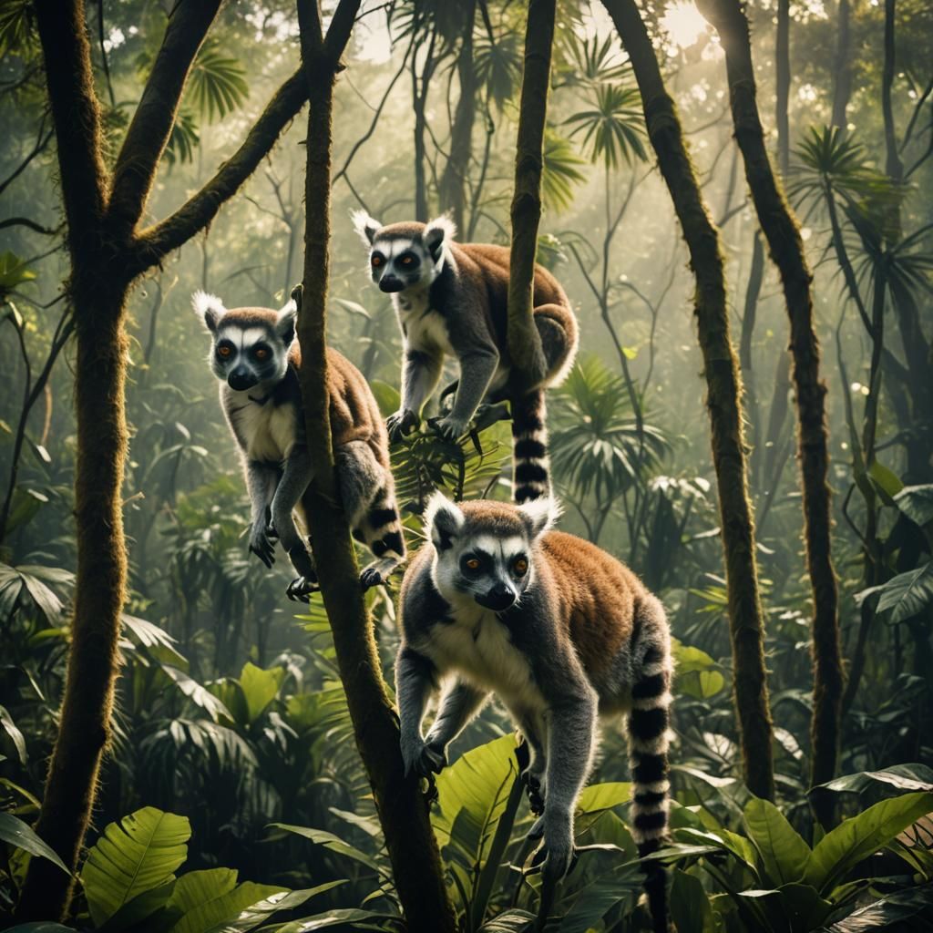 Ring-Tailed Lemurs Lounging in Jungle Trees