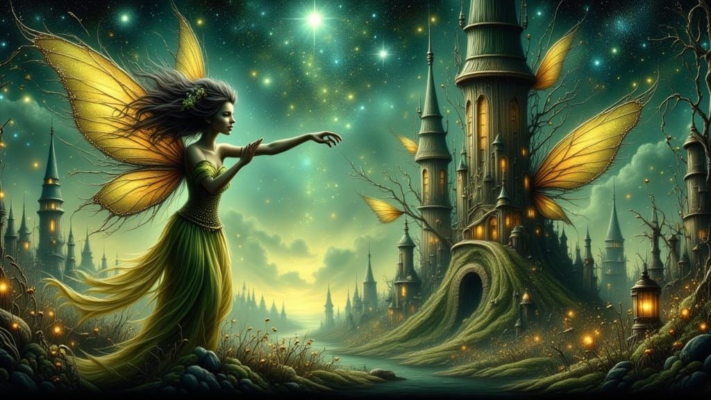 Fantasy Scene with Whimsical Fairy and Bizarre Creatures