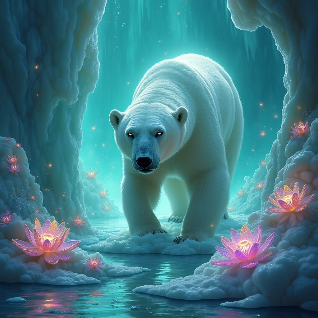Majestic Polar Bear in Glacial Cave with Bioluminescent Tatt...