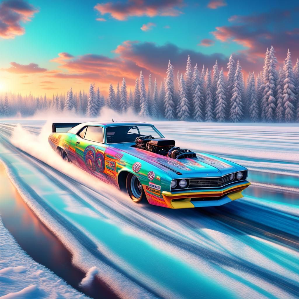 Frozen Lake Drag Racing in Psychedelic Realism