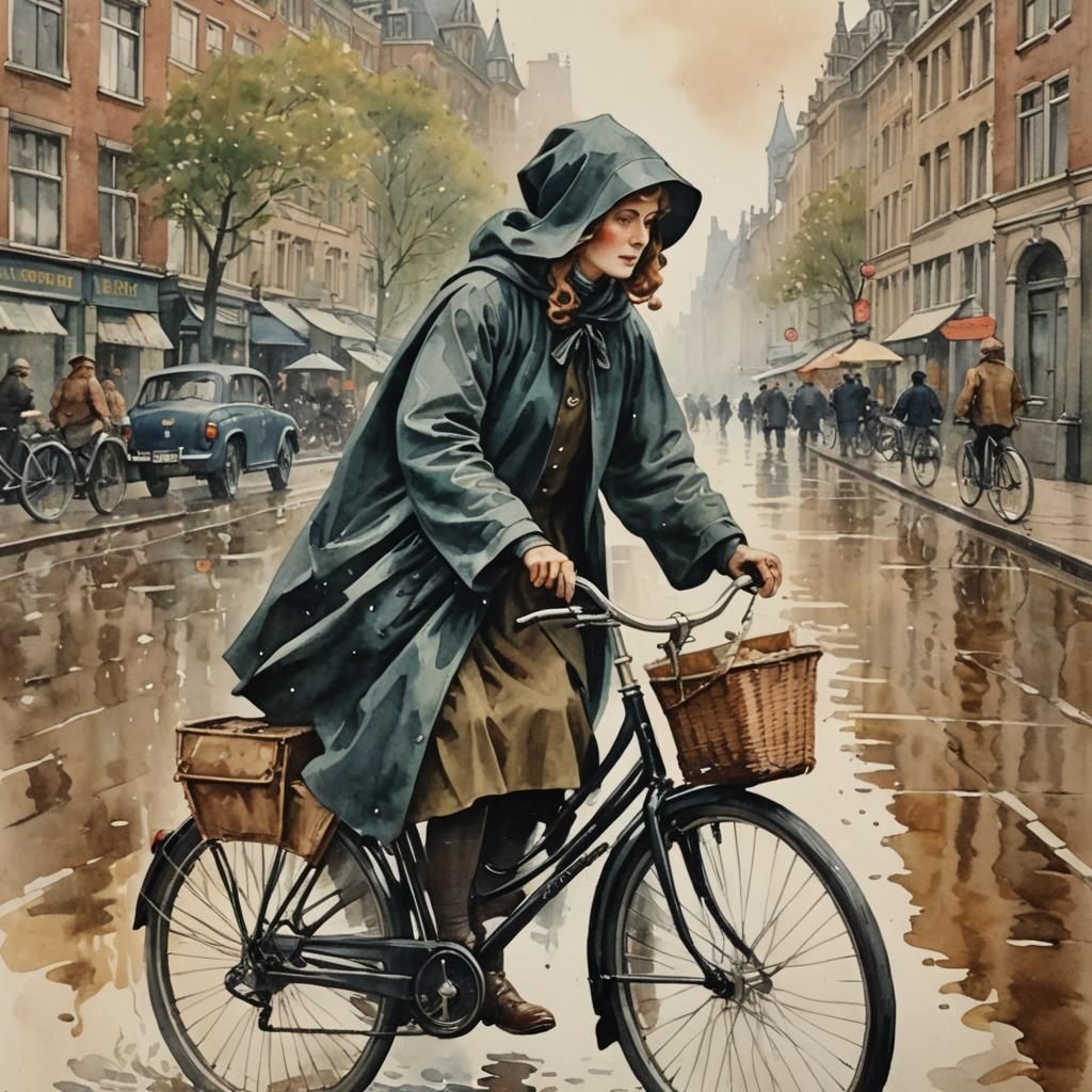 With rain and wind, cycling In a hooded cloak through The Ha...