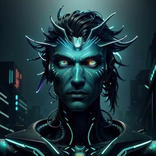 a hyper-detailed digital illustration of a fish-human hybrid, a bioluminescent being from a submerged cyberpunk metropol...