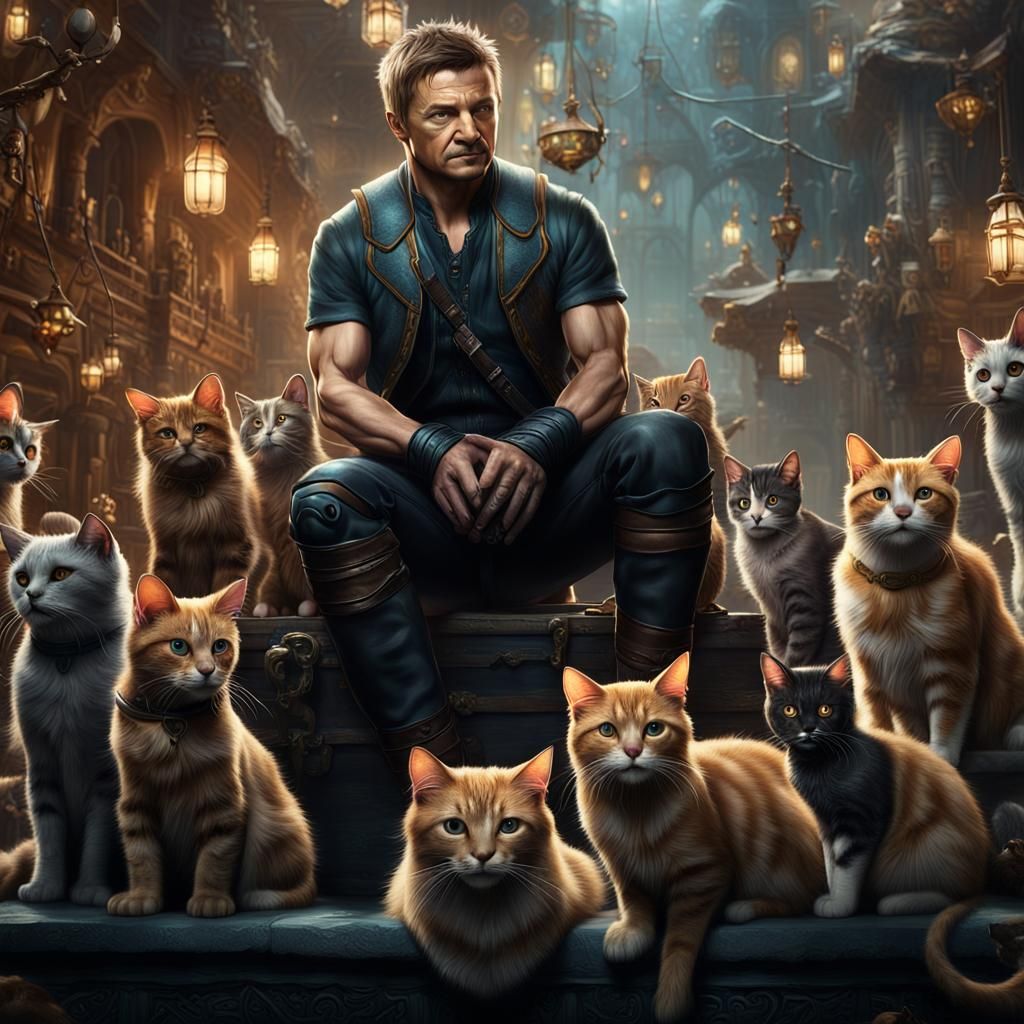 Jeremy Renner and a dozen cats