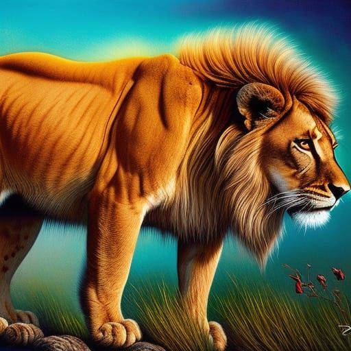 Lion in Sunrise Landscape: Alcohol Ink Abstract