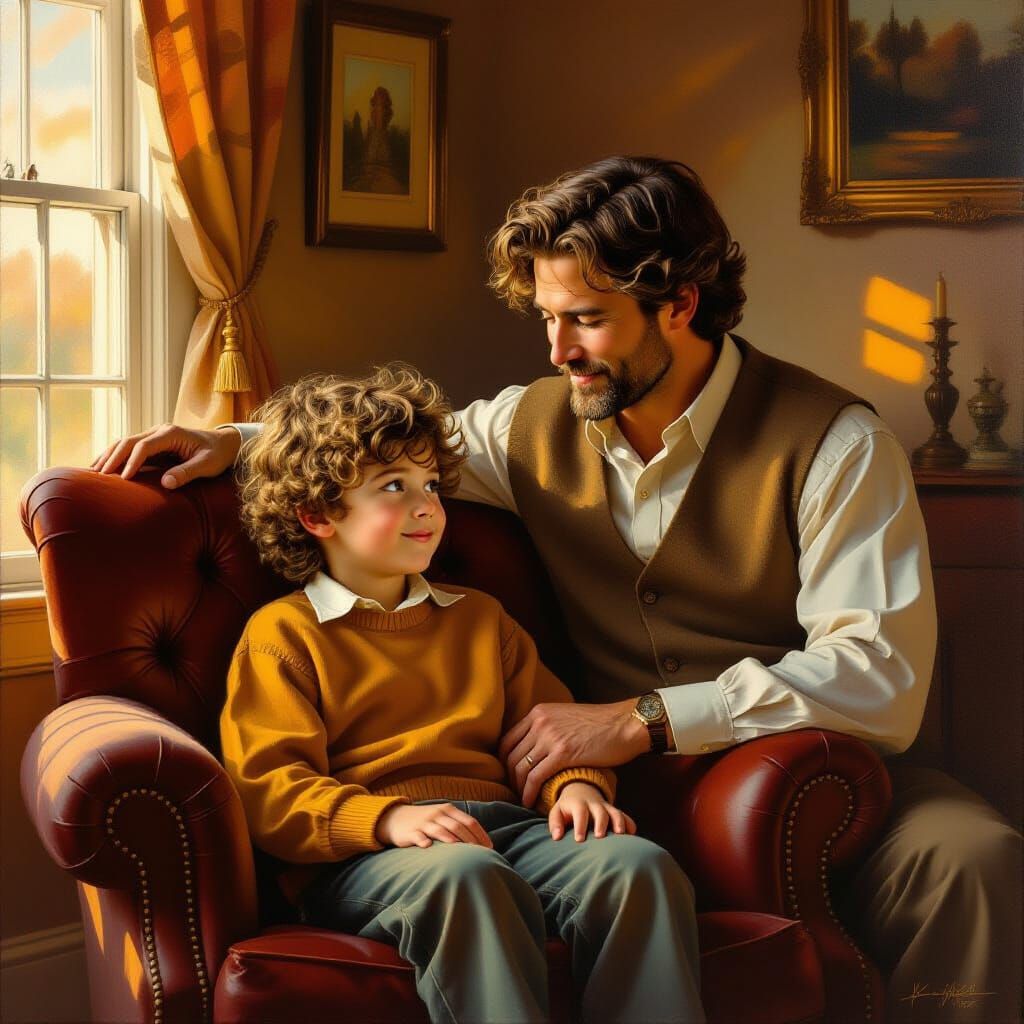 Magical Home Interior: Boy and Father in Norman Rockwell Sty...