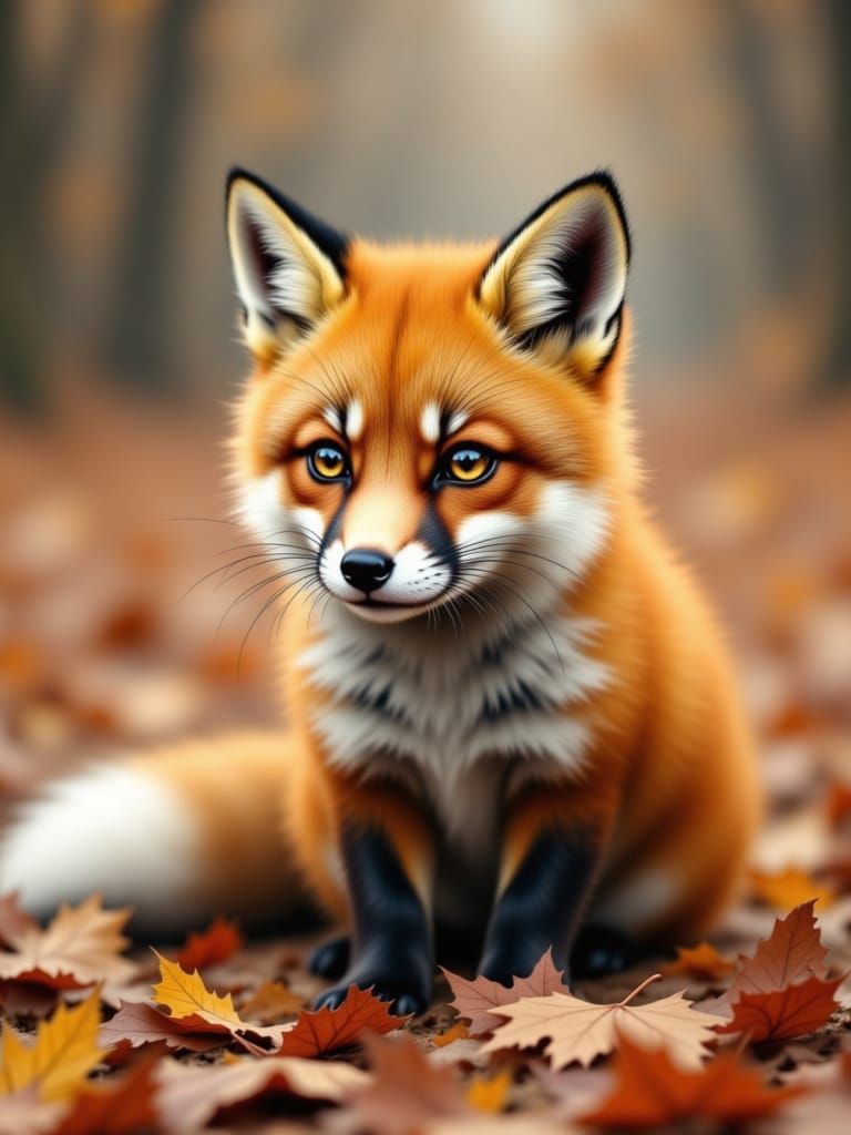 Cute Fox Baby in Autumn Leaves with Gentle Snowfall