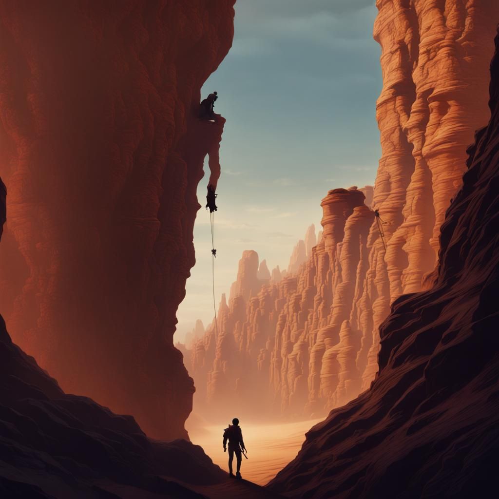 Silhouette Climbs Desert Canyon: Detailed Matte Painting