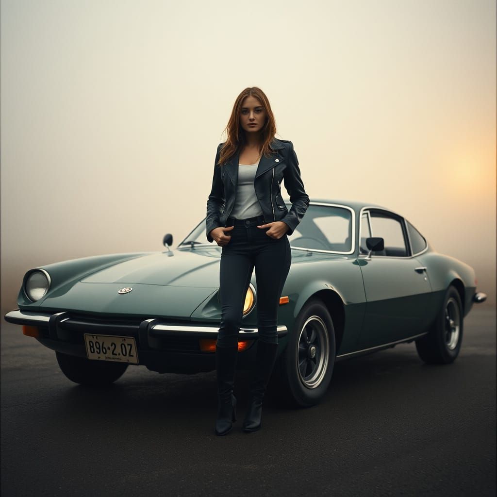 Confident Woman Beside Vintage-Inspired Car in Misty Landsca...