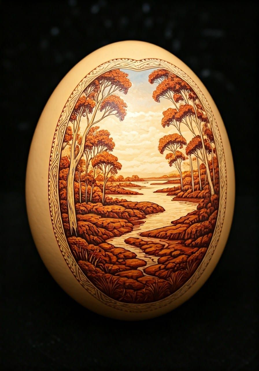 Elegant Australian Landscape Engraved on Emu Eggshell