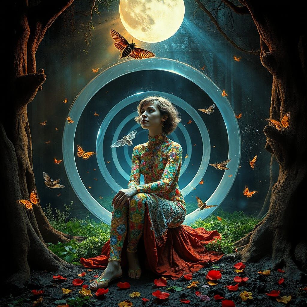 Surreal Bio-Art Collage of a Sculptor in Her Spiral Creation