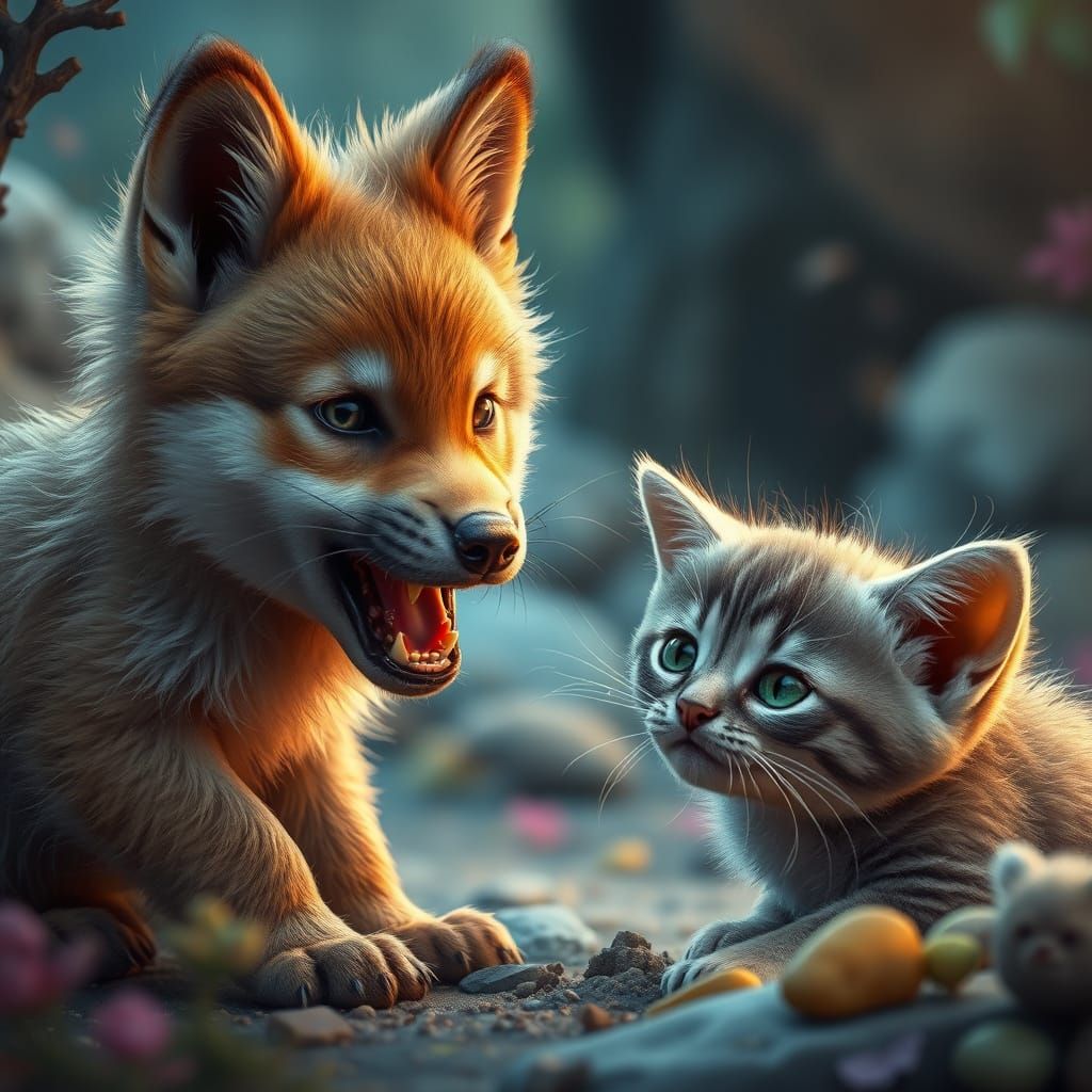 Mystical Wolf and Kitten Encounter in Dreamlike Fantasy Worl...