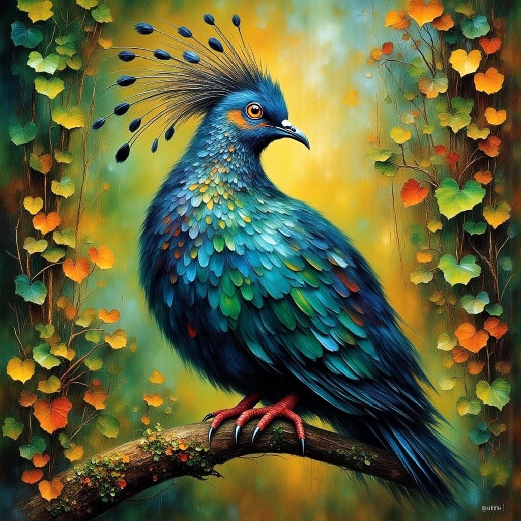 Regal Victoria Crowned Pigeon Perched on Mossy Branch