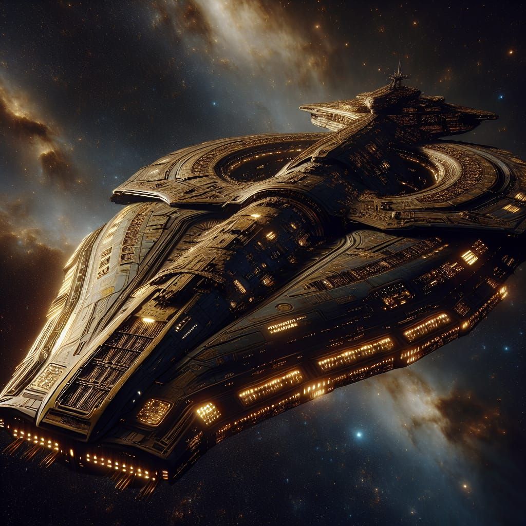 Colossal Gold Spaceship in Deep Space