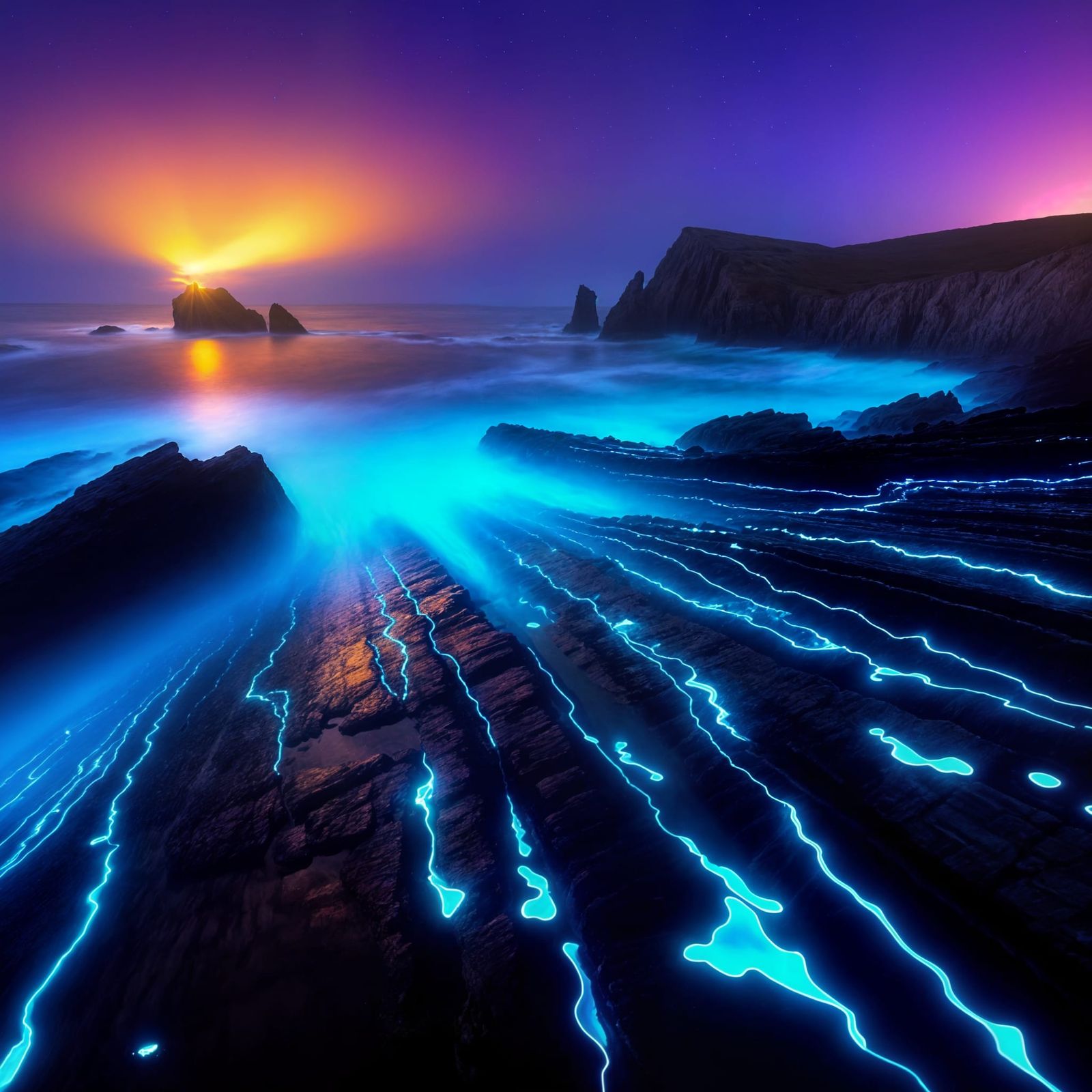 Bioluminescent Coastline at Twilight