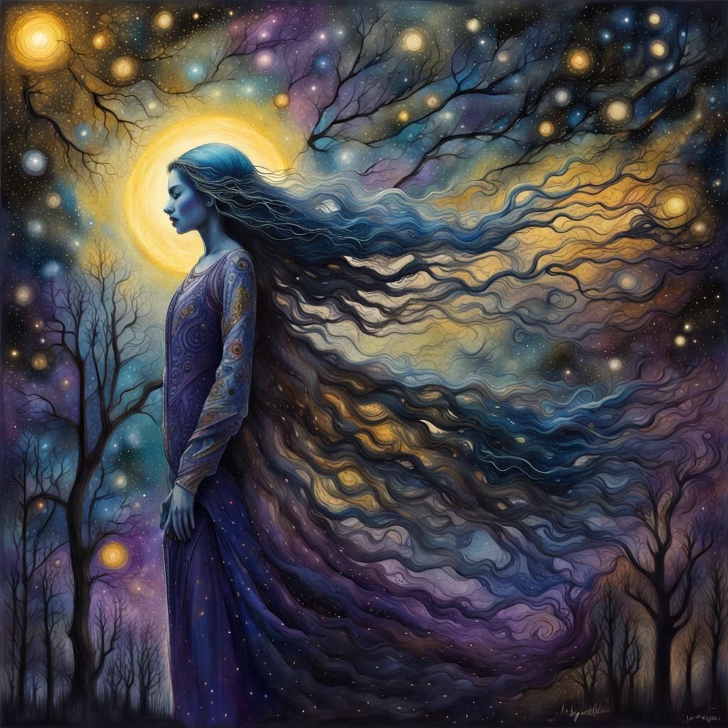 Mystical Woman in Cosmic Forest: Mixed Media Art
