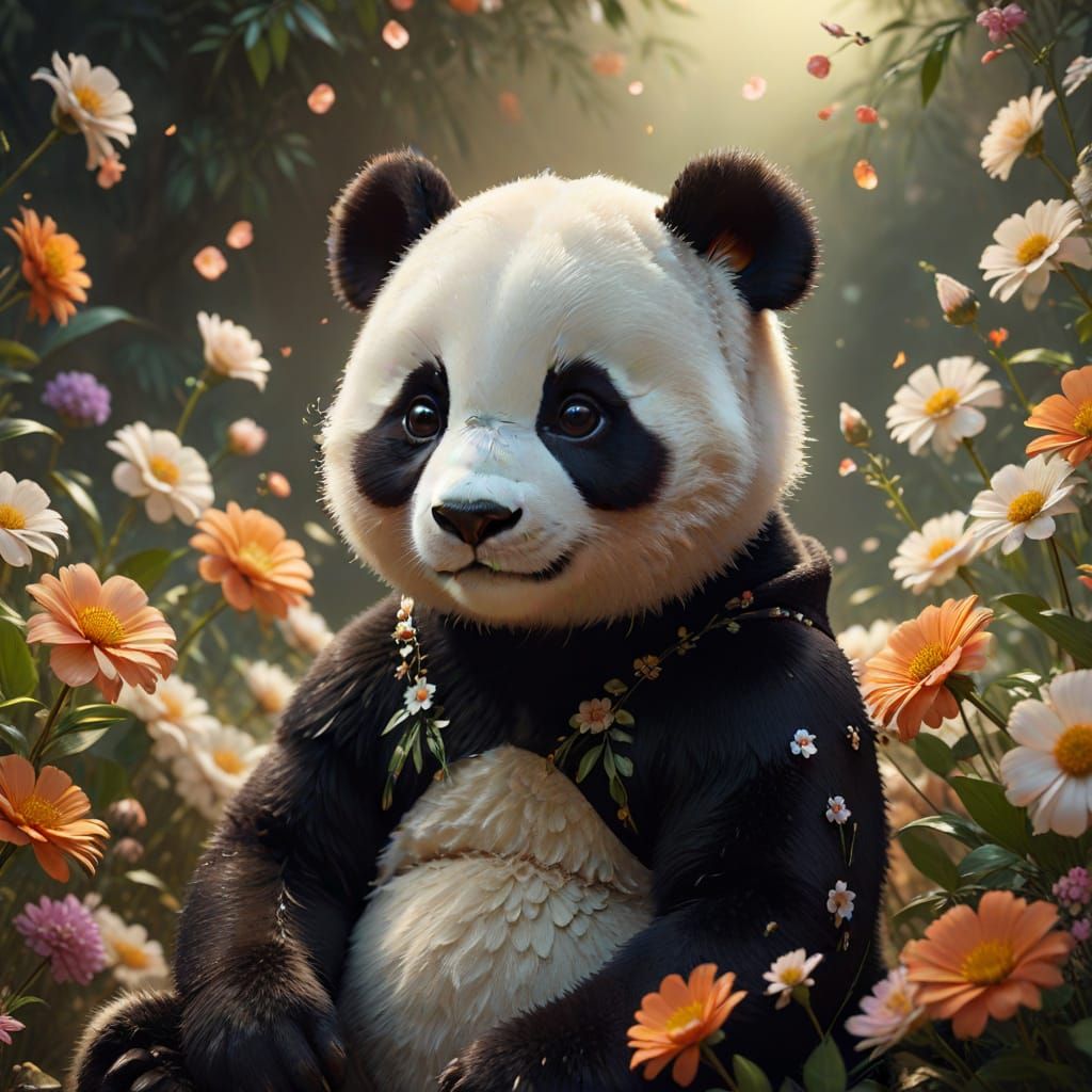 Child in Panda Costume with Flowers, Digital Art