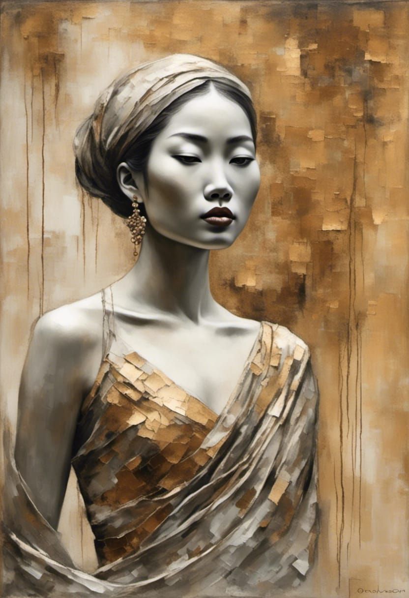 Bronze Silk: A Metal-Style Portrait of Asian Woman
