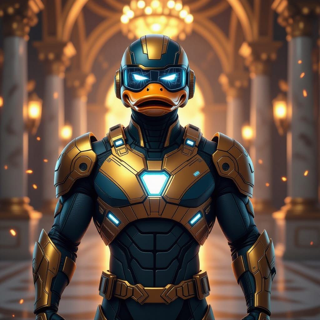 Armored Duck-Human Superhero in Golden Hall