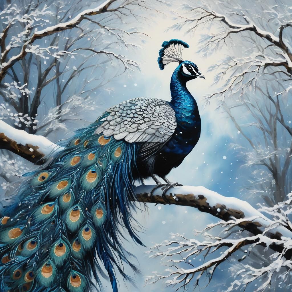 Black Peacock in Snowy Tree, Chinese Painting Style