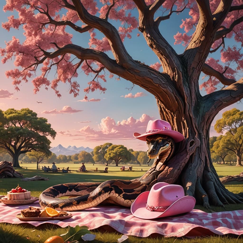 Snake in Pink Cowboy Hat at Picnic, Digital Art