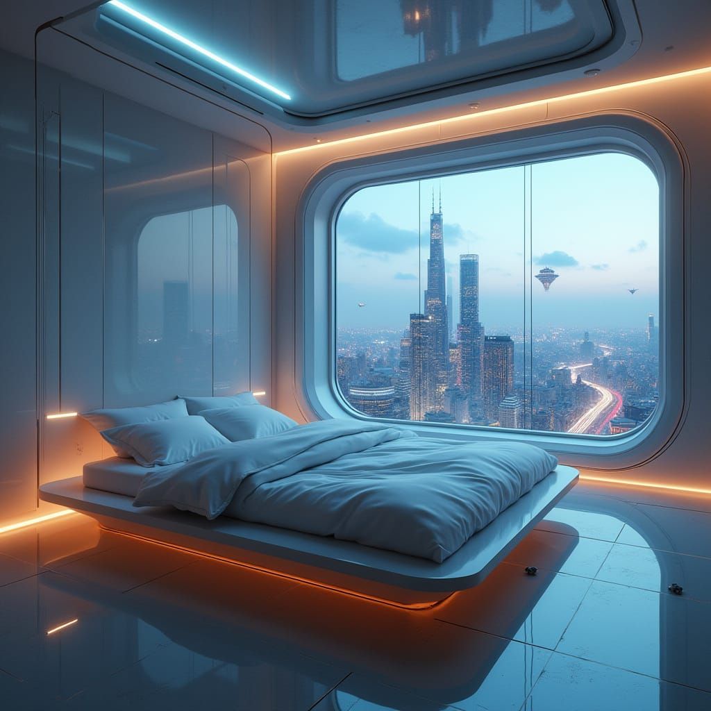 Futuristic Bedroom with Neon Cityscape View