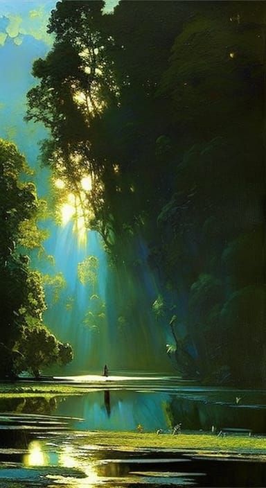 Stunning Lady in Blue Reflected in Pond