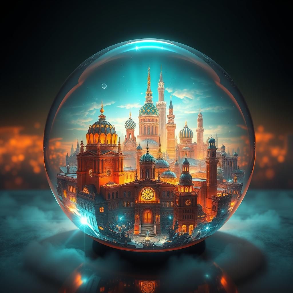Cityscape in Glass Orb: Hyperrealistic Art Nouveau