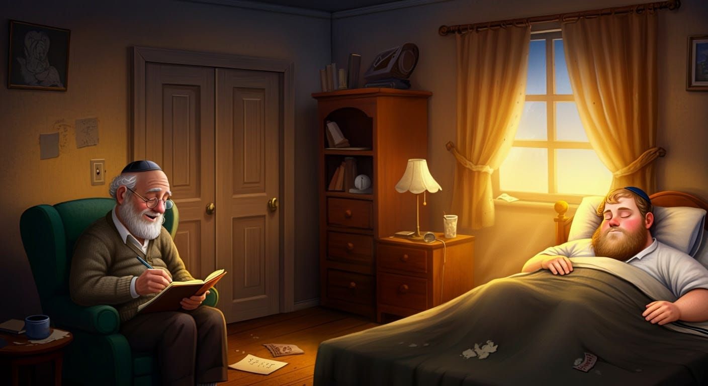 Humorous Household Scene Featuring Hasidic Man Asleep in Unc...